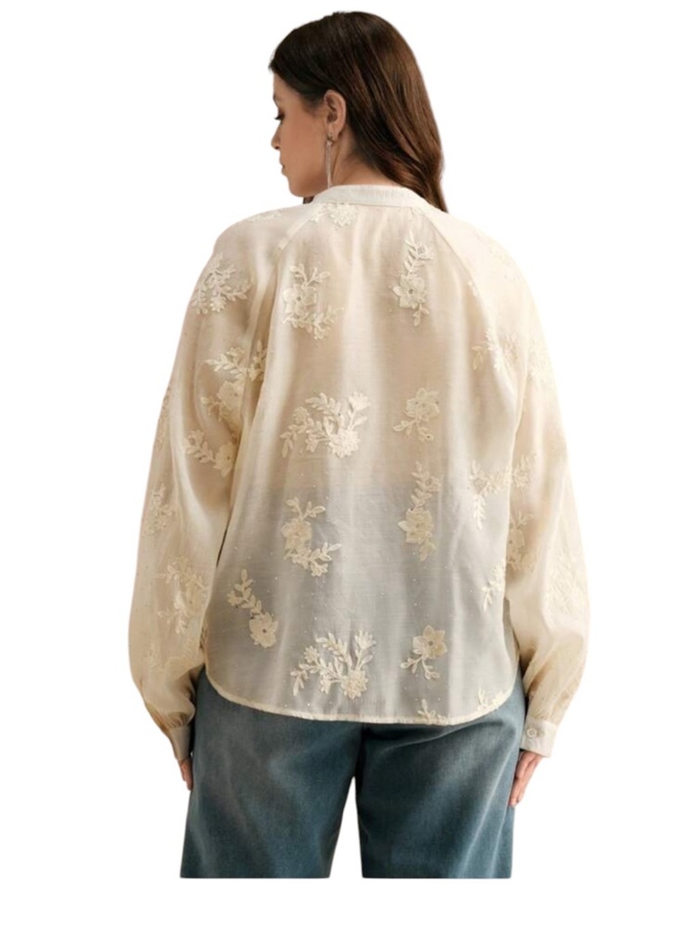 Ivory Embroidered Sheer Floral Blouse Rhinestone Mesh Top Size M - Picture 7 of 8
